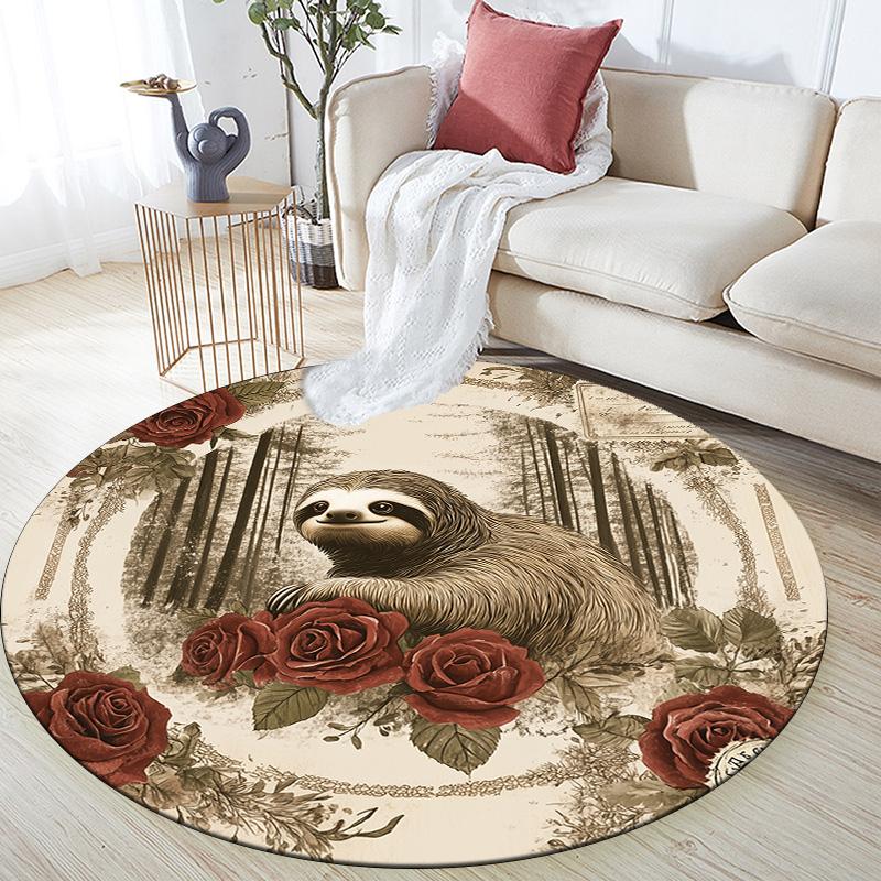 Vintage Rose Animals,Round Area Rug,Carpet Rug for Living Room Bedroom Sofa Playroom Decor,Non-slip Floor Mat