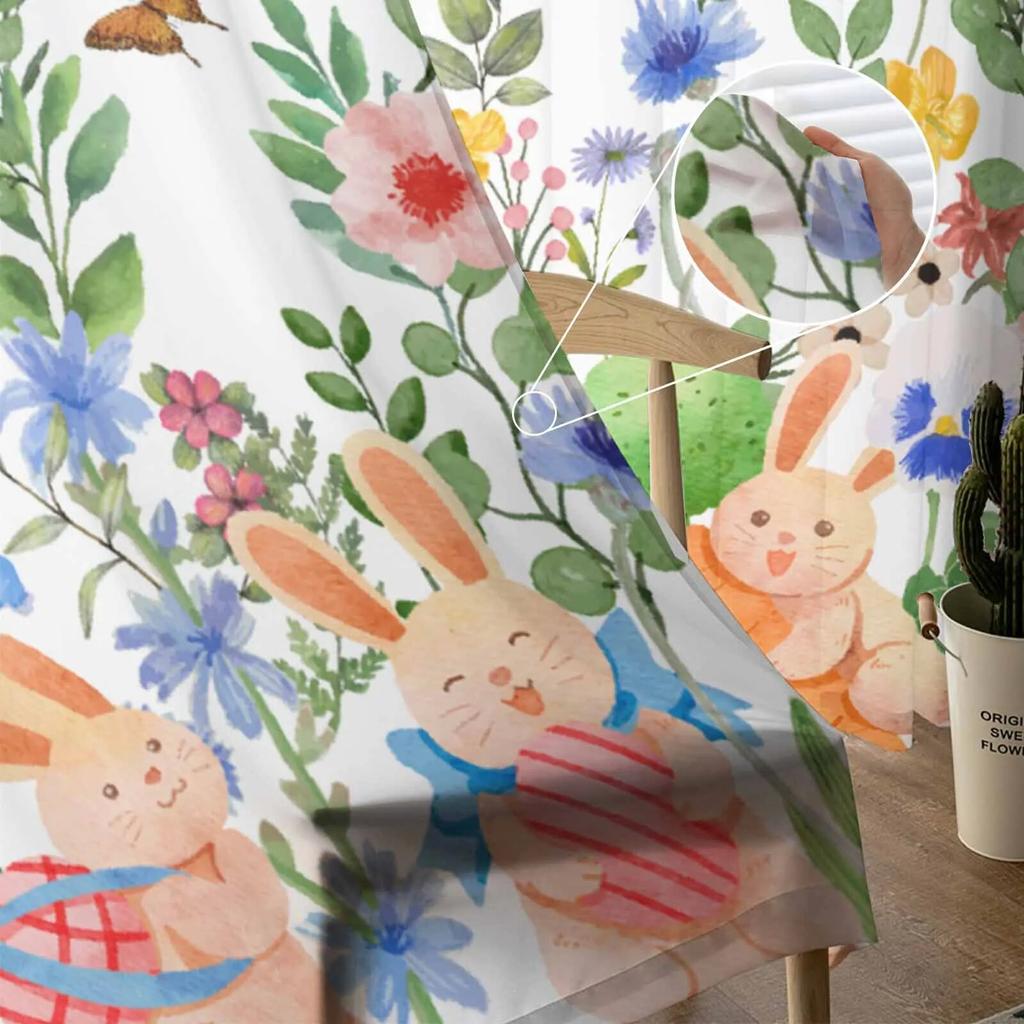 Tende in Tulle con Coniglio ad Acquerello, Fiori e Piante per Soggiorno, Tenda Semitrasparente per Camera da Letto, Cucina, Tende a Pacchetto, Tende in Voile