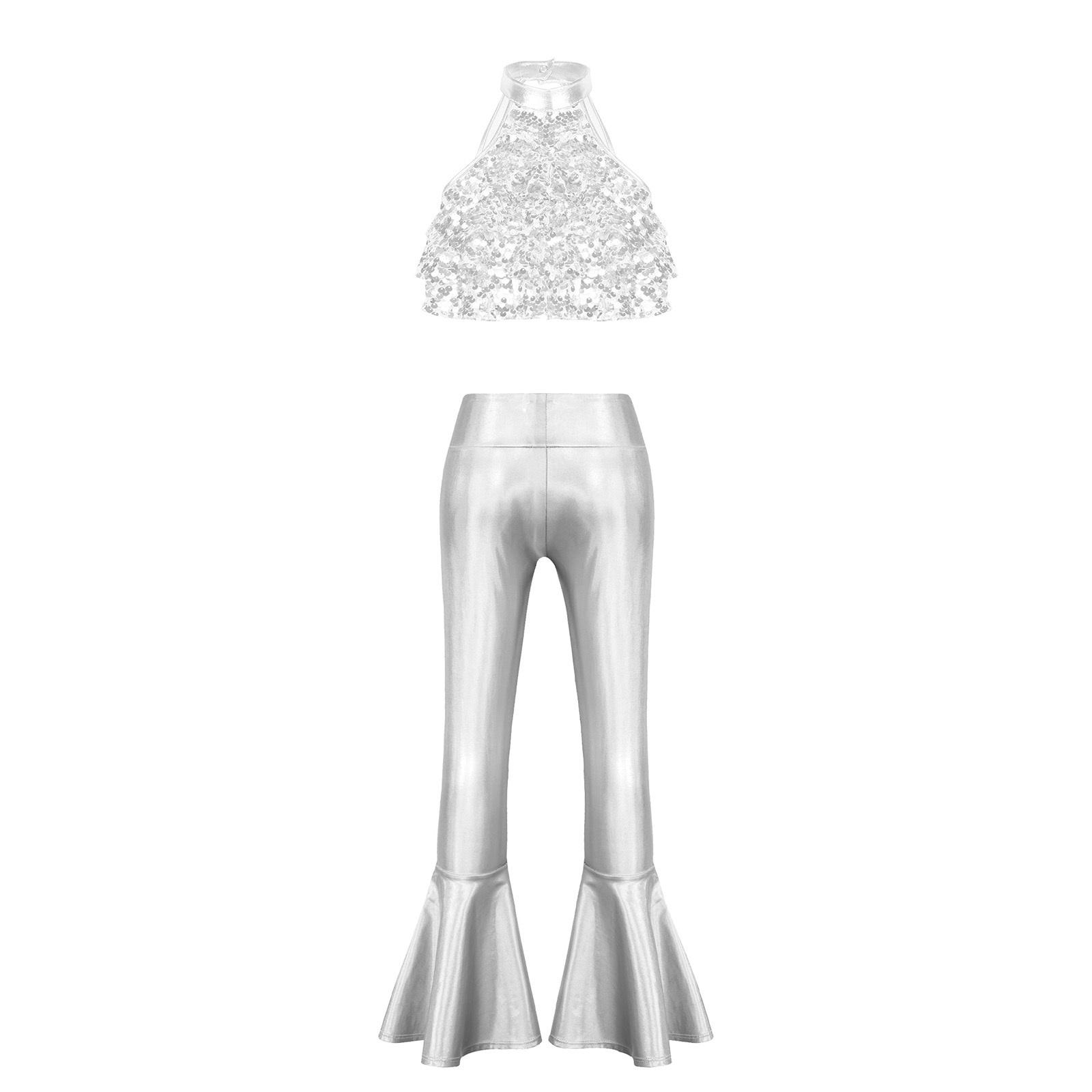 

Костюмний набір для дівчат для джазу та сучасного танцю: Блискучий топ без спини з паєтками, оборкою по низу та ефектні штани-кльош 5-6 Years срібний