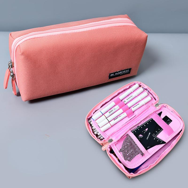 Simple Large Capacity Pencil Case Canvas Pencil Bag School Storage Bag Solid Color Girlsmake Up Organizer Bag