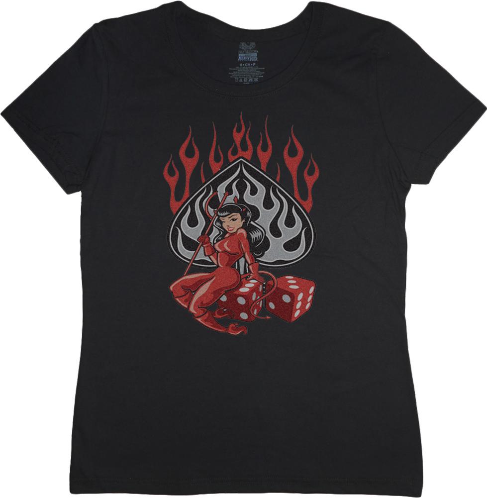 Ladies t-shirt devil girl dice rockabilly design style women s size tee shirt L