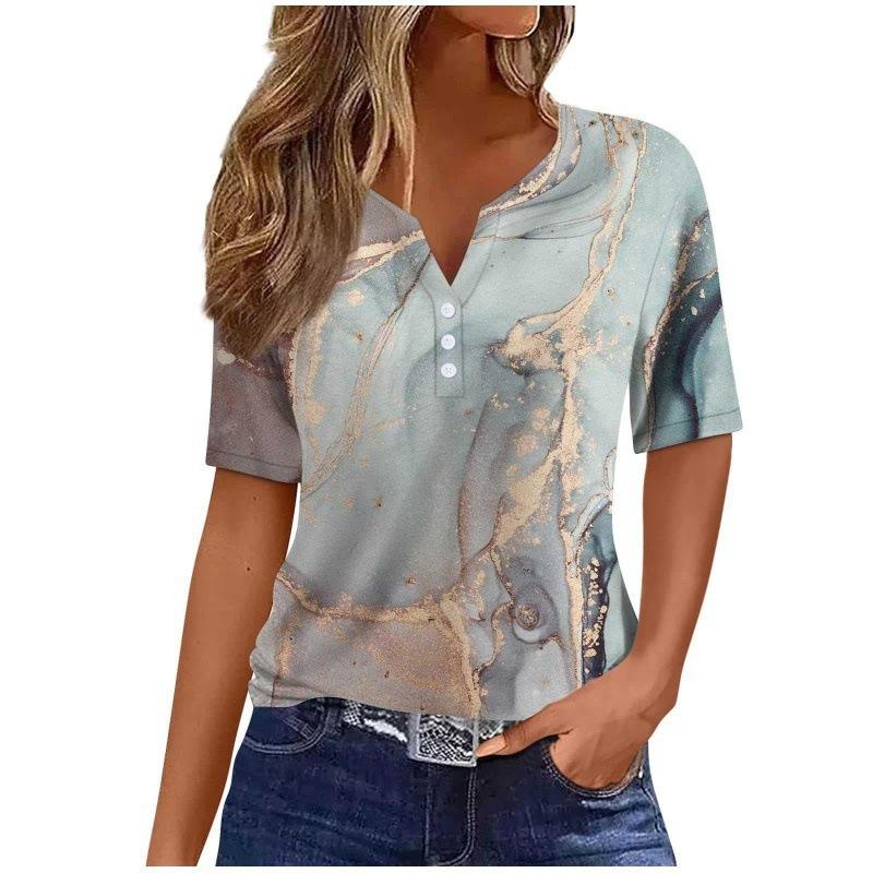 Print Short Sleeve European Style Women Clothing T-Shirt V-Neck