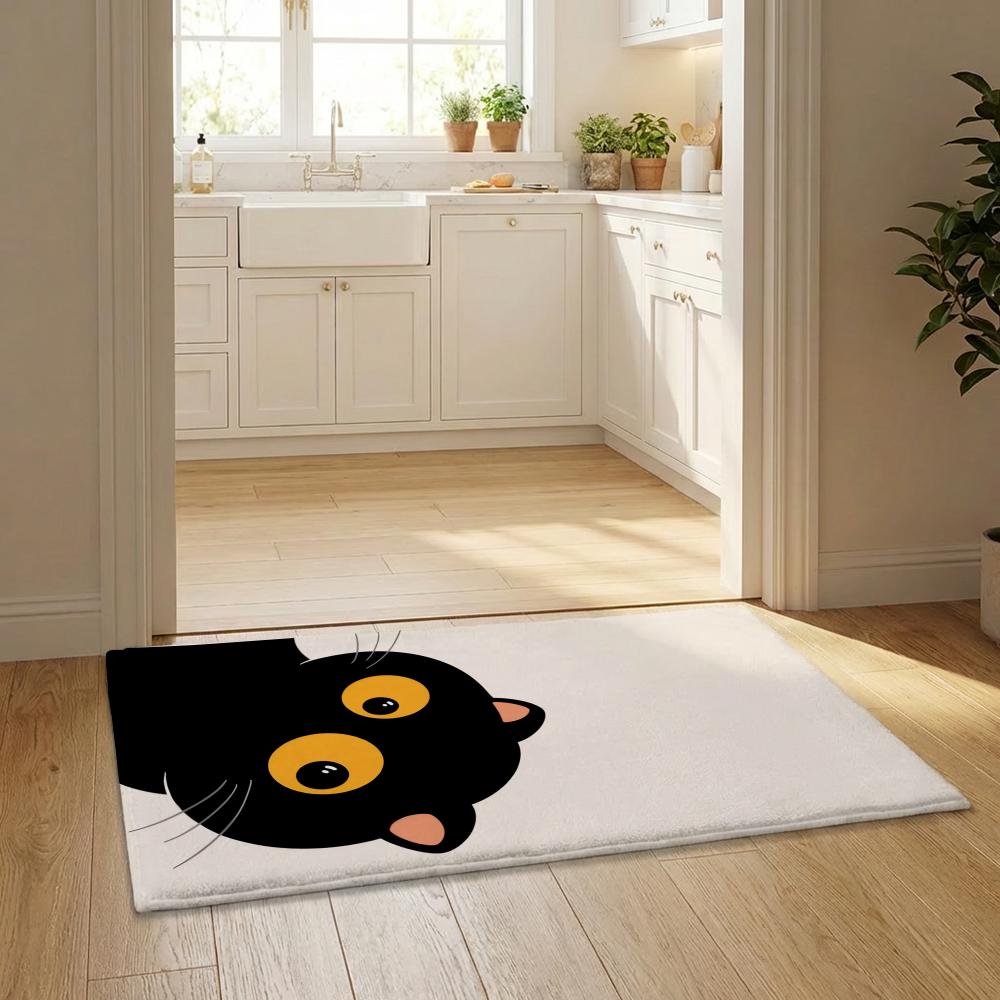 Cartoon Cute Black Cat Kawaii Floor Mat Flannel Door Mat Non-Slip Bedroom Living Room Home Decor