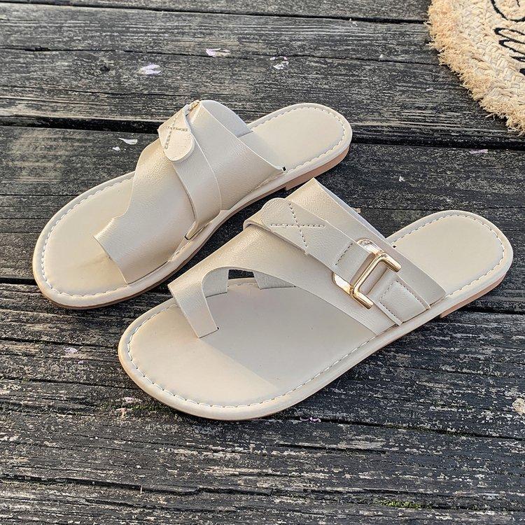 Women's Solid Color Slide Sandals Casual Loop Toe Flat Summer Shoes Lightweight Buckle Strap Design Slide Sandals