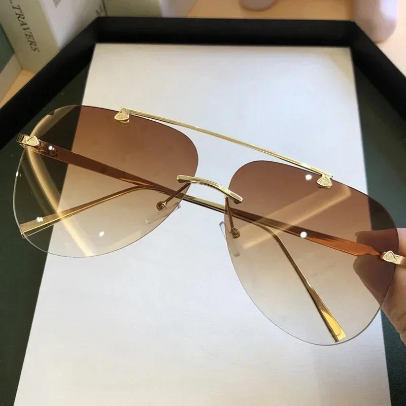 Vintage Rimless Sunglasses For Men Women Alloy Aviation Pilot Gradient Sun Glasses Metal Oval Shades Black Brown