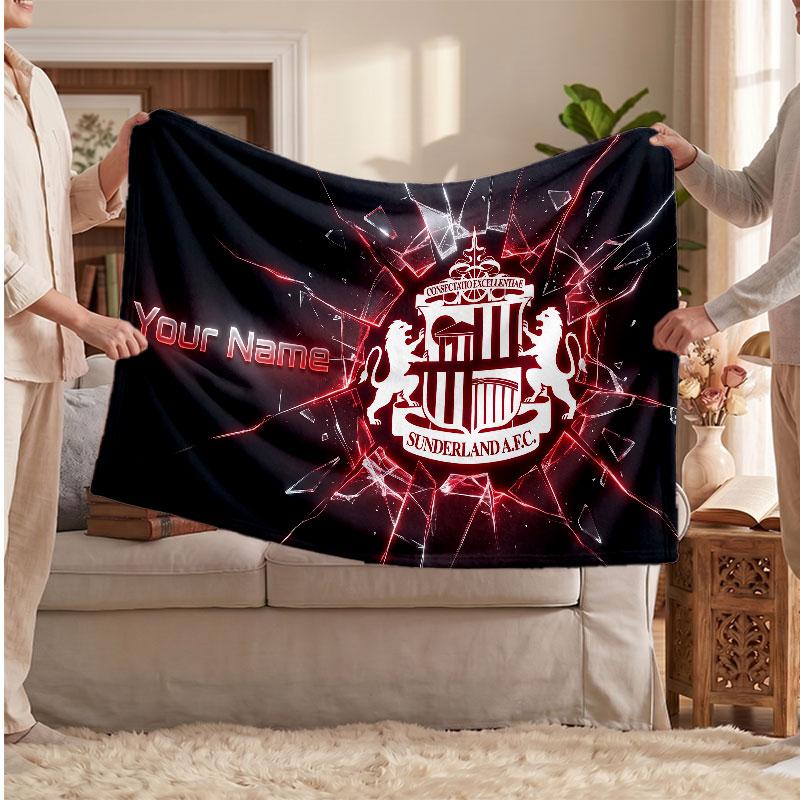 Coperta in Pile Personalizzata Sunderland FC con Logo Calcio, Testo Nome Personalizzato Morbida Calda Coperta da Divano per la Casa