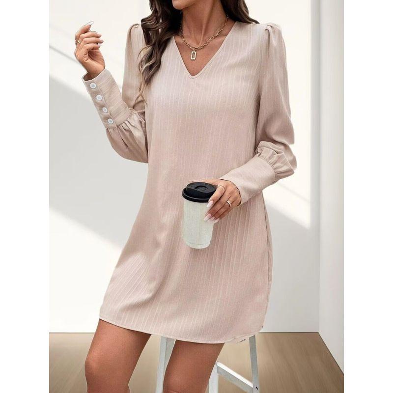 Spring and Summer New Arrival Fashion Fashion Commuter Ol Pure Color V-neck Back Single-Breasted Bubble Long Sleeve Dress Short Skirt for Women