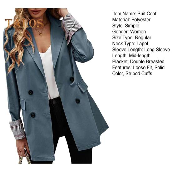 Women Suit Coat Lapel Long Sleeve Striped Cuffs Suit Jacket with Flap Pockets Solid Color Loose Fit Double Breasted Business Outwear