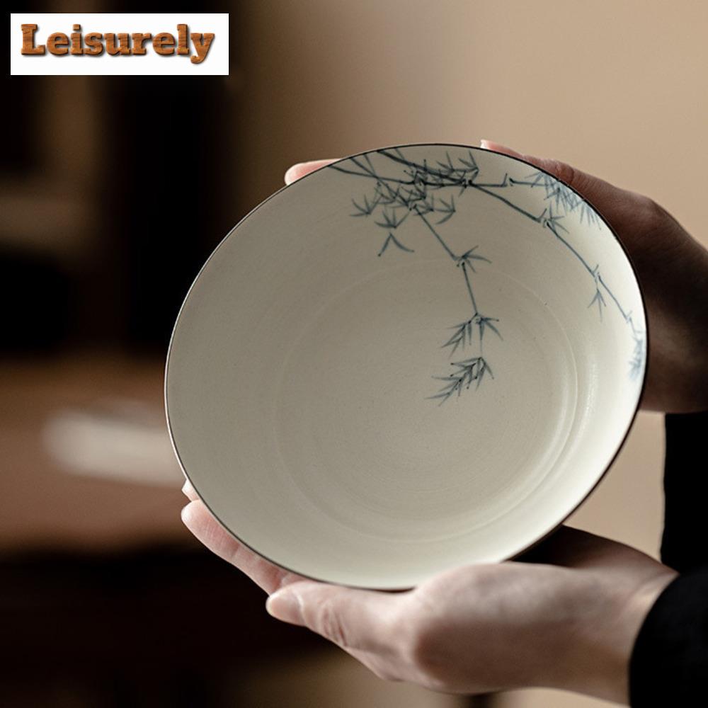 Hand-painted Bamboo Pot Bearing Holder Powder Yin White Magnolia Dry Brew Table Tea Tray Fruit Snack Plate Supplies Ornaments