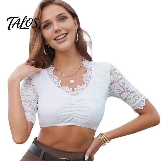 Tradiční německá blůza Dirndl Dámská crop top s květinovou krajkou, Bavorská kostýmová blůza na Oktoberfest, Krátký rukáv, Průhledná zkrácená košile, Sexy top