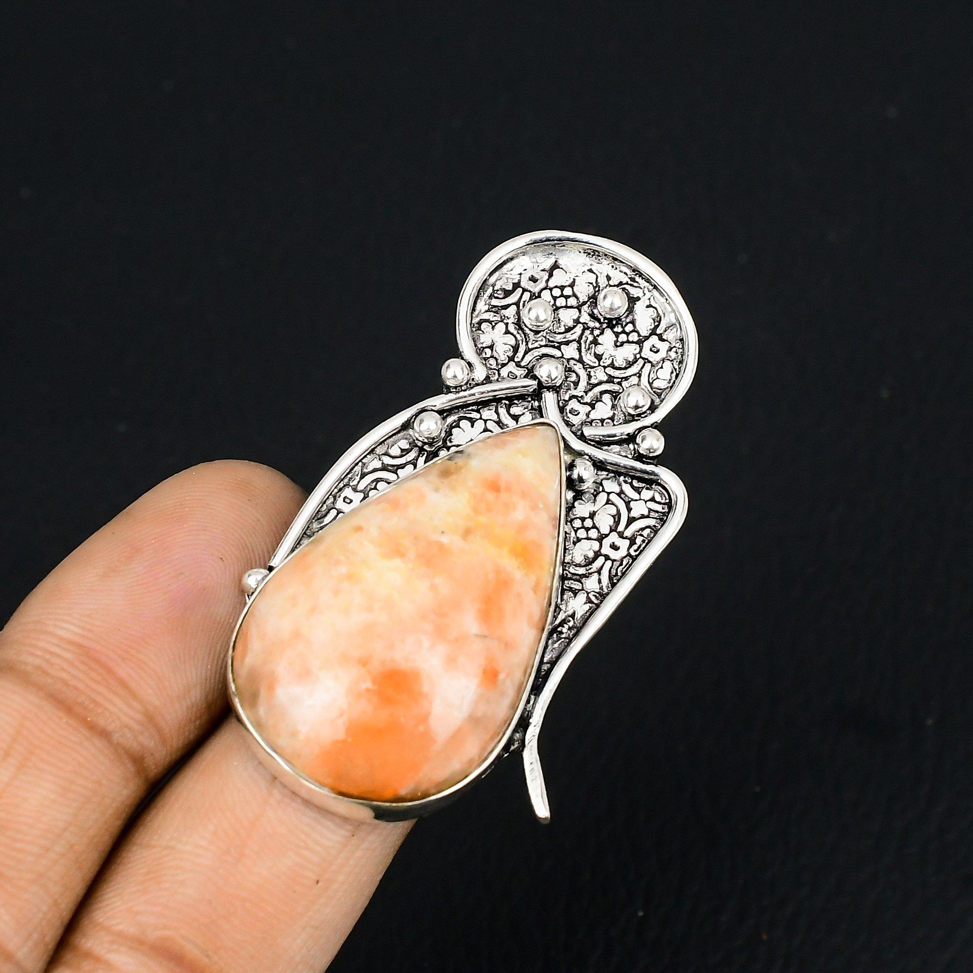 Natural Sunstone Gemstone Statement Orange Ring Size 6.5 925 Sterling Silver 6.5