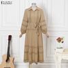ZANZEA Women Casual Turn Down Collar Long Sleeve Elegant Lace Splice Long Dress
