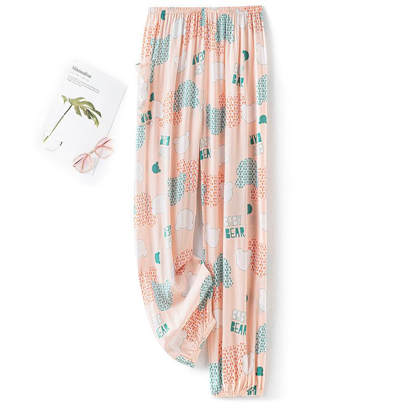 Pantaloni de pijama din bumbac mătase pentru femei, secțiune subțire de vară, anti-țânțari, pantaloni cu picior lat, culoare uni, pentru exterior, casă, petrecere a timpului liber, imprimeu, pantaloni de plajă până la genunchi