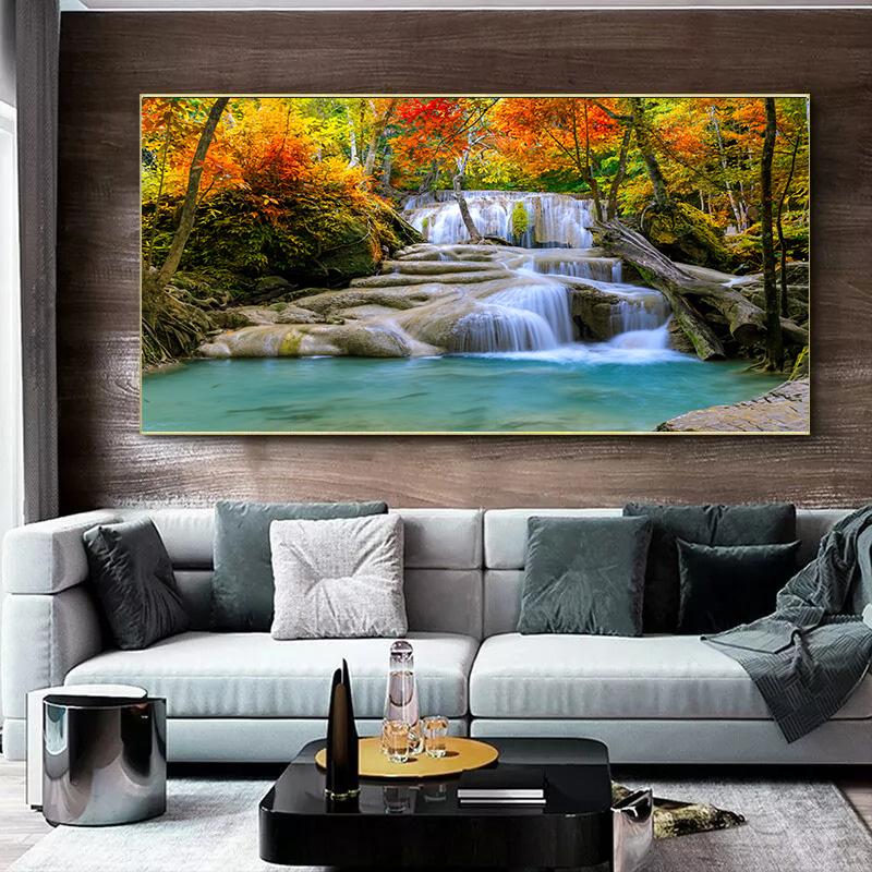 Canvas Wall Art Green Tree Canvas Painting Landscape Waterfall Wall Poster Print Picture Living Room Home Decor No Frame