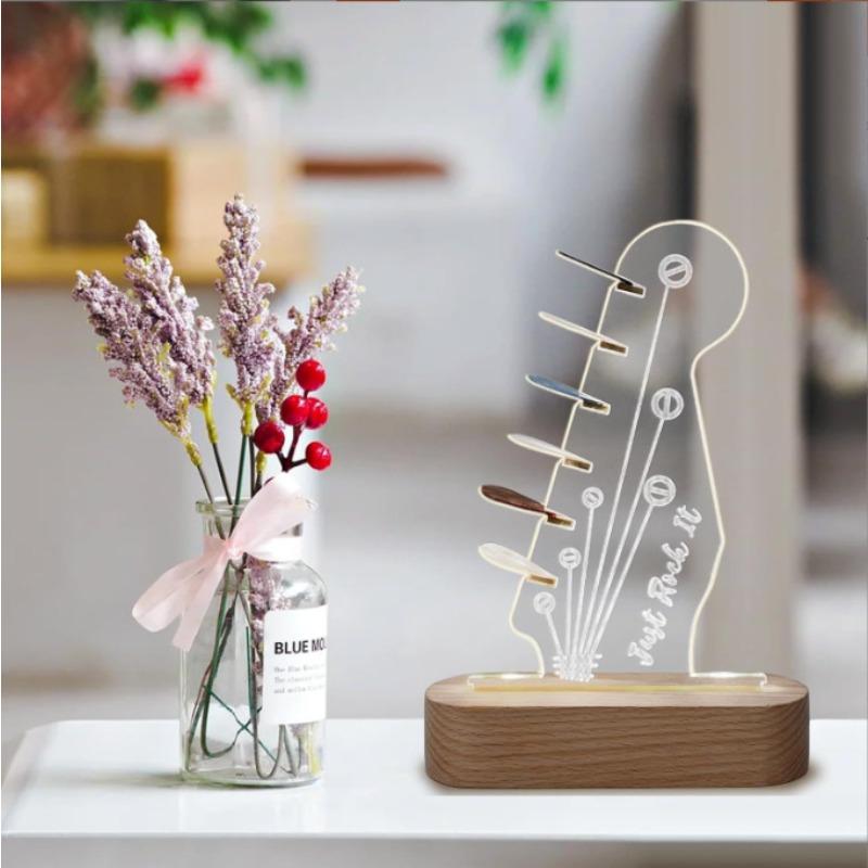 New 3D Ambient Night Light - Wooden Guitar Pick Organizer Acrylic Creative Gift Lamp with Storage Function for Music Lovers Home