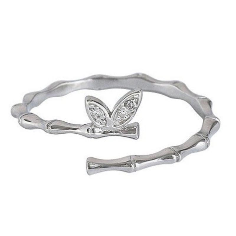 999 Pure Silver Bamboo Leaf Connecting Ring Female Ins Special-Interest Design Ring Personality Simple Cold Style Opening Hand Jewelry