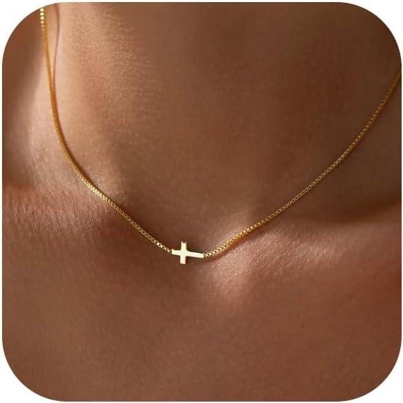 Kreuzkette für Frauen 14K Vergoldet Kleiner Kreuzanhänger Choker Einfache Trendige Charm-Kettenhalskette Schmuck Religiöses Geschenk