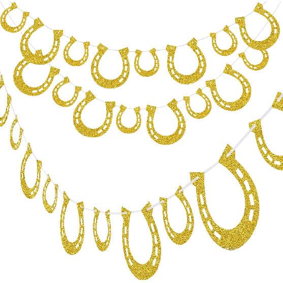 4 Piece Derby Horseshoe Garland Banner for Western Wedding Party Decoration, Pre Assembled (Gold)