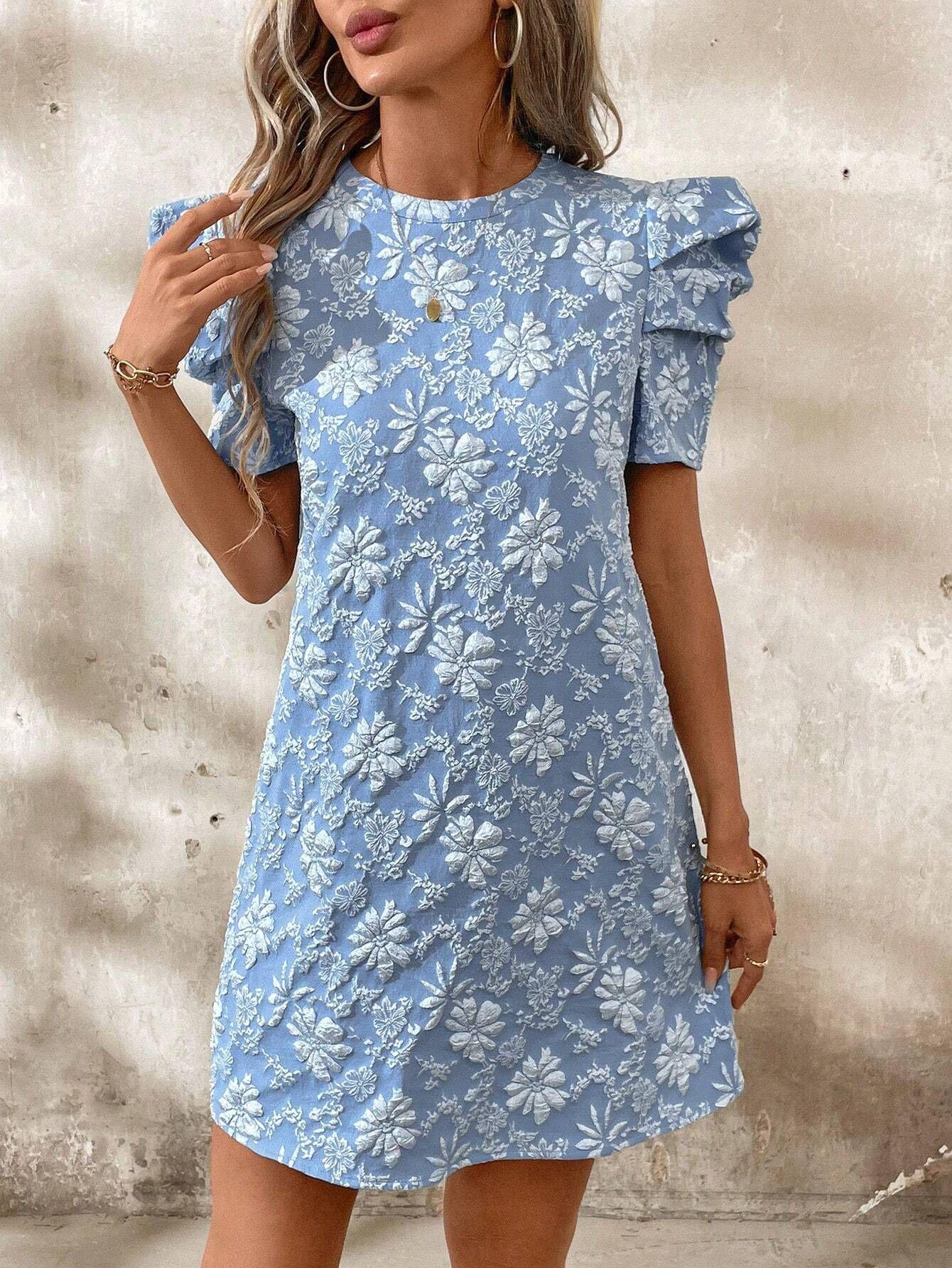 

Women s Floral Print Blue Dress with Puff Sleeves Round Neck Casual Summer Dress S синий