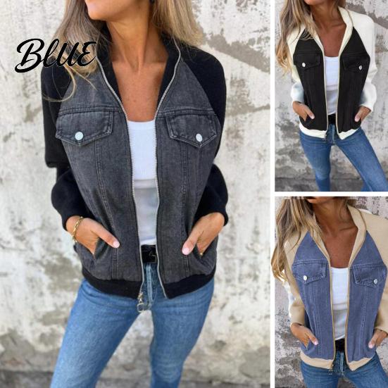 Spring Coat Fall Women Jacket Colorblock Zipper Closure Long Sleeves Hooded Autumn Winter Fake Chest Pocket Decor Lady Daily Wear