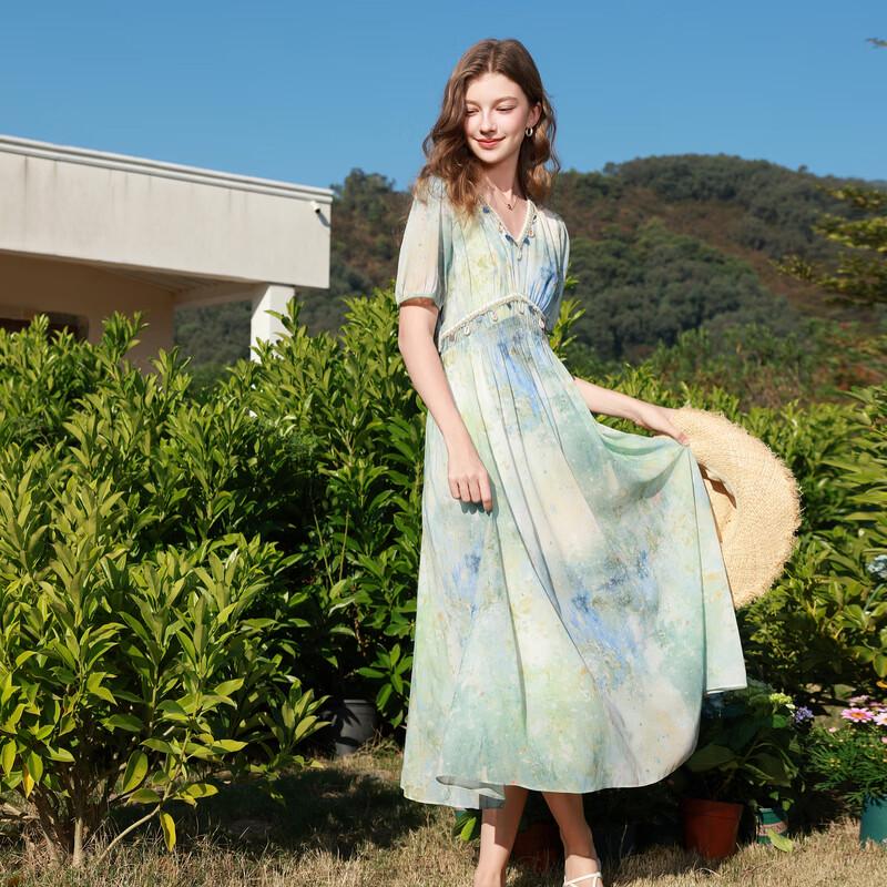 Sancai French Romantic Chiffon Print A-Line Maxi Dress