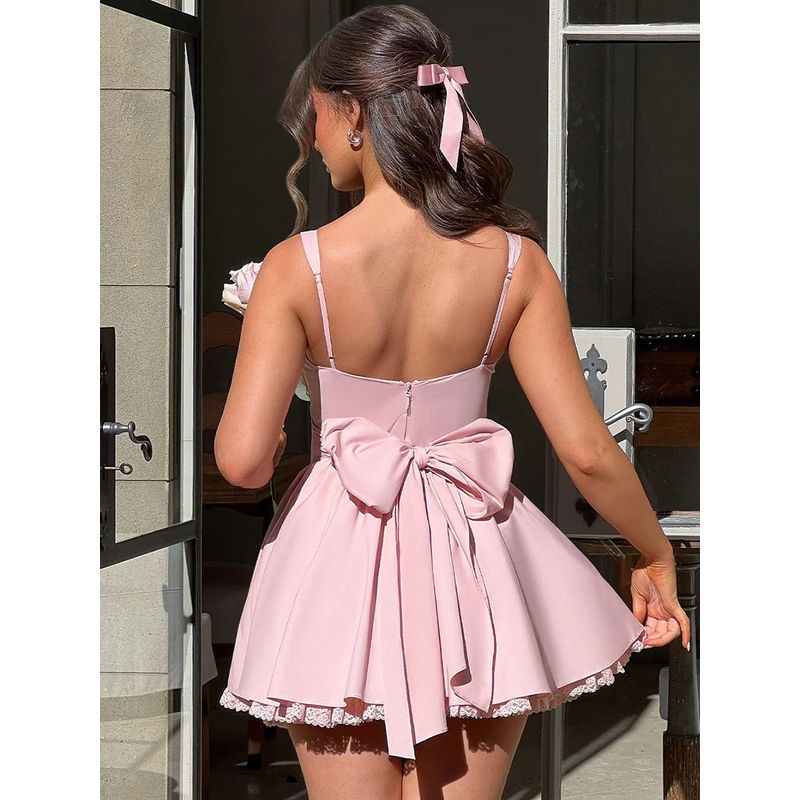 Charming Dangerous Babyboo French Style Sweet and Spicy Wind Bow Lace Stitching Waist Slimming Sling Dress