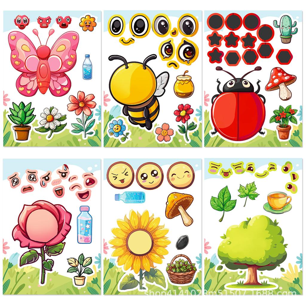 6 Packungen Insekten, Tiere, Cartoons, Gesicht-Verändernde Aufkleber, Handgemachte Aufklärung für Kinder, Eltern-Kind-Klassenzimmer-Training, Puzzle-Aufkleber