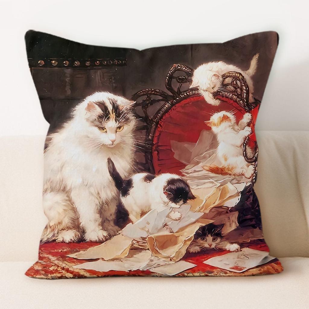 Oil Painting Cat Cat Picture Pillowcase Living Room Sofa Cushion Cover Bedside Pillow Pillowcase Home Decoration