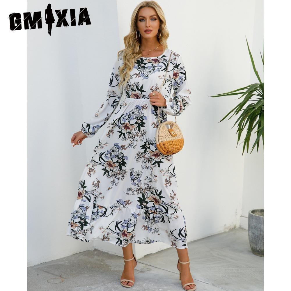 GMXIA Spring Summer Bohemian Women Maxi Dress Casual Long Sleeve High Waist Beach Dress Women Floral Chiffon Dresses Vestidoes Mujer New