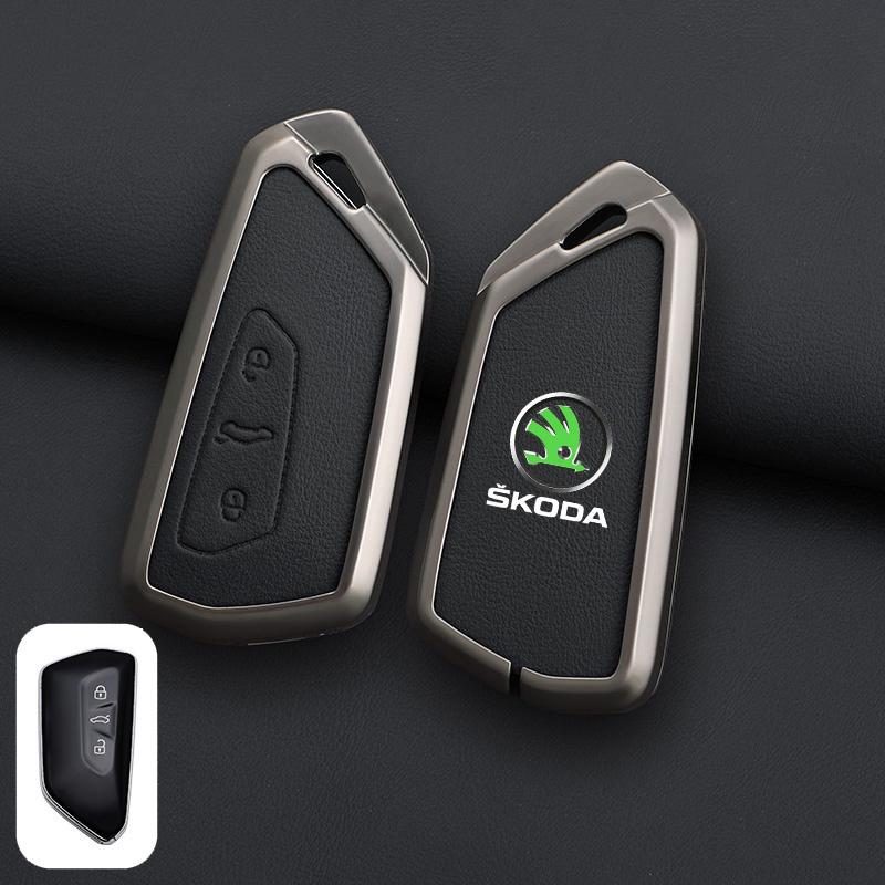 XOWS7 Zinc Alloy Leather Car Remote Key Case Cover Protector Shell Fob For Skoda Superb A7 Kodiaq Octavia A7 A8 Keychain Accessories