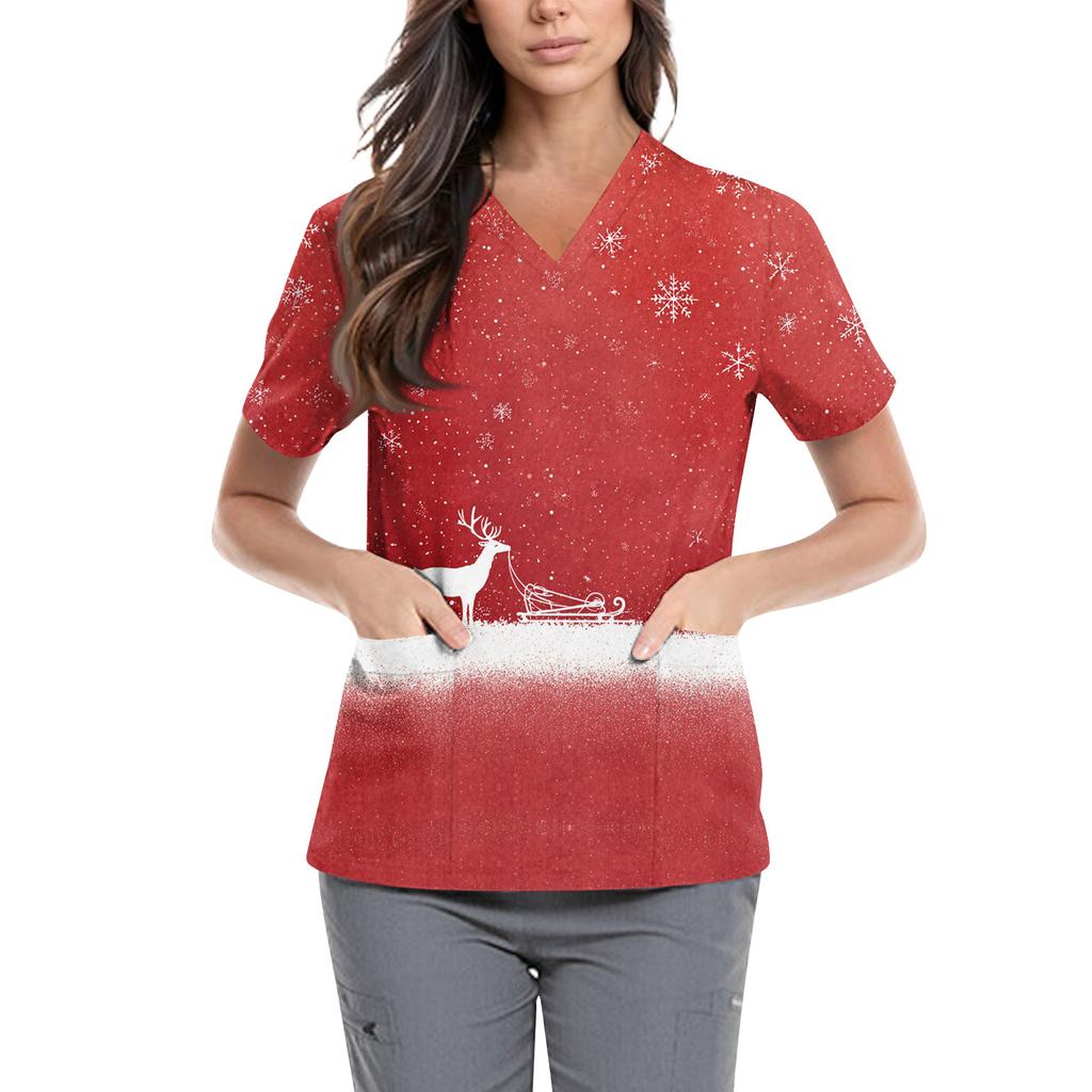 Dámské roztomilé tištěné pracovní oblečení s výstřihem do V, dvojité vrstvené kapsy Základní svetr s krátkým rukávem Valentines