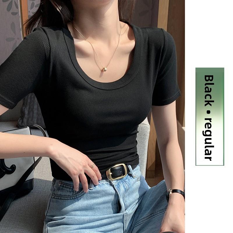 

Women s round-neck short-sleeve t-shirt for summer, suitable for outerwear or as a base layer, solid color, comfortable and breathable top M（Suitable70-90Jin） чёрный