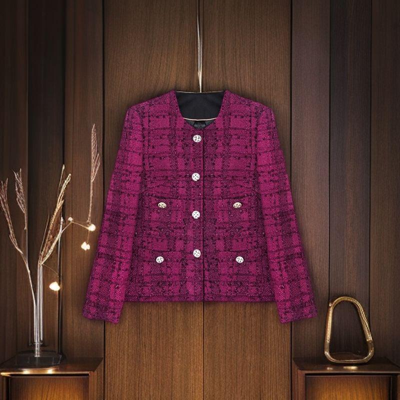 

Осенний женский ретро твидовый короткий жакет A75908 - Круглый вырез, Универсальный топ высокого класса XL вино красного