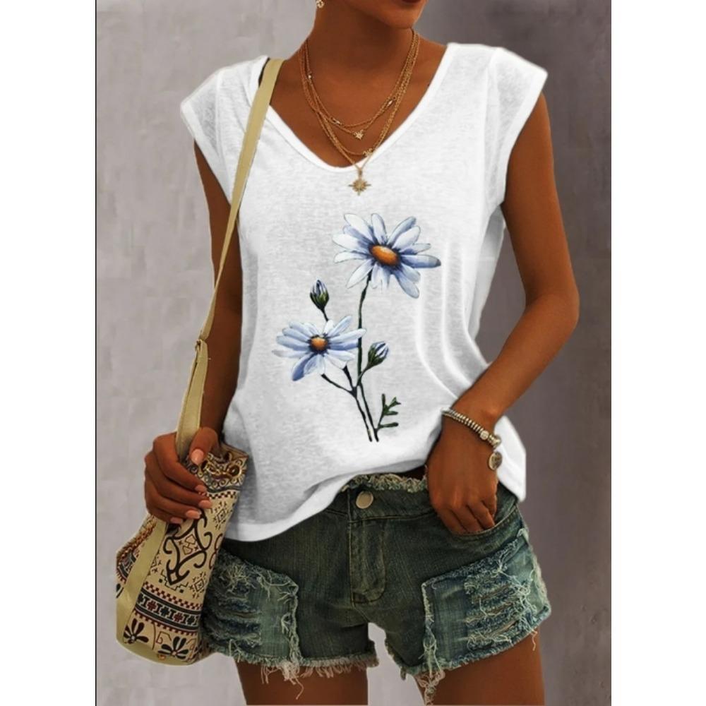 Summer Women 5 Color Ladies Fashion Floral Print Casual Tank Top Loose Sleeveless Tank Top V Neck Female T Shirt