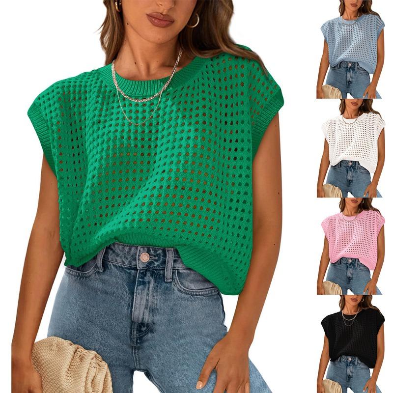 

2025 summer new ladies round neck hollow sunscreen knitted T-shirt top XL