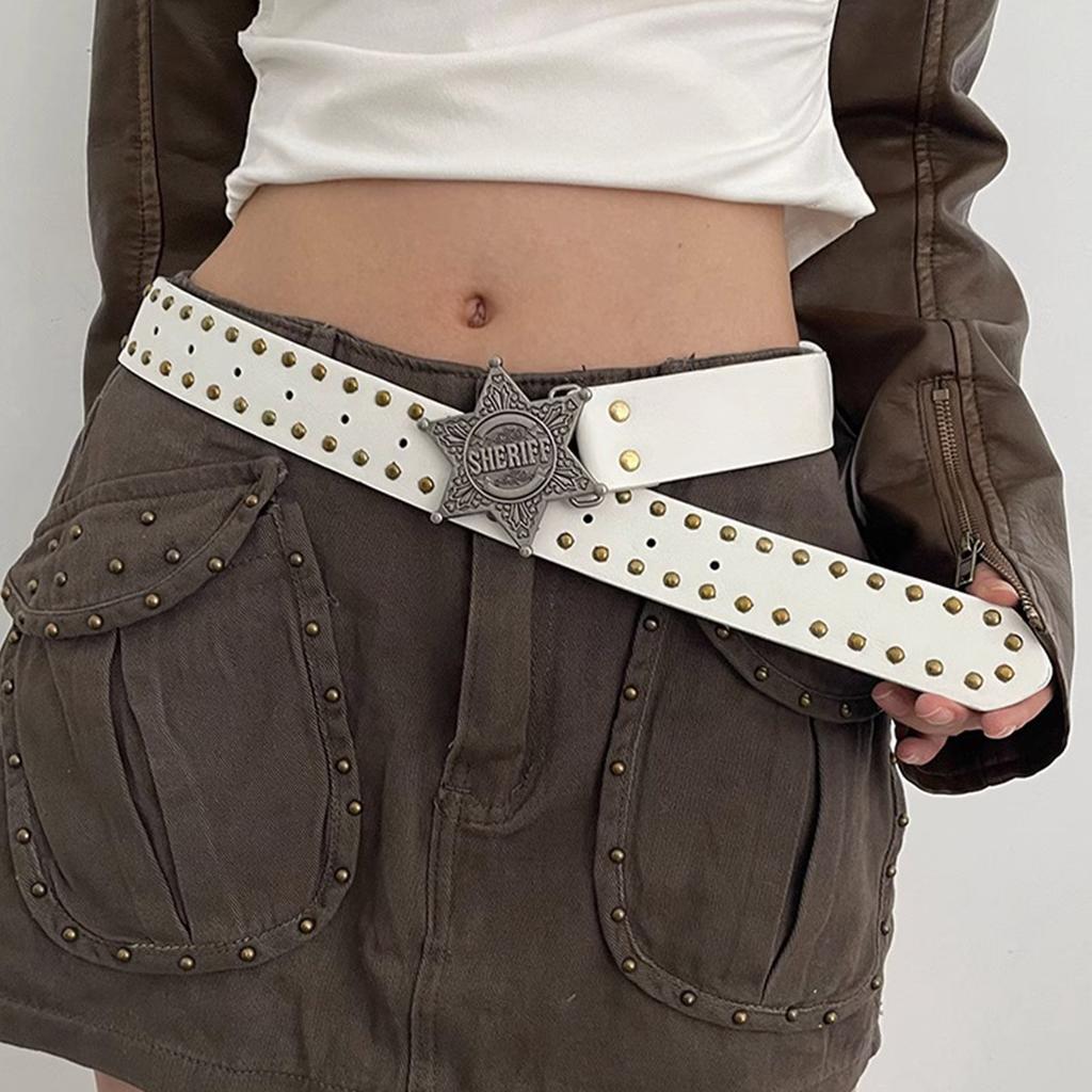 Harajuku Adult Waist Belt with Carved Buckle Alloy Rivet Waistband PU Waist Belts for Women Universal Pants Belt