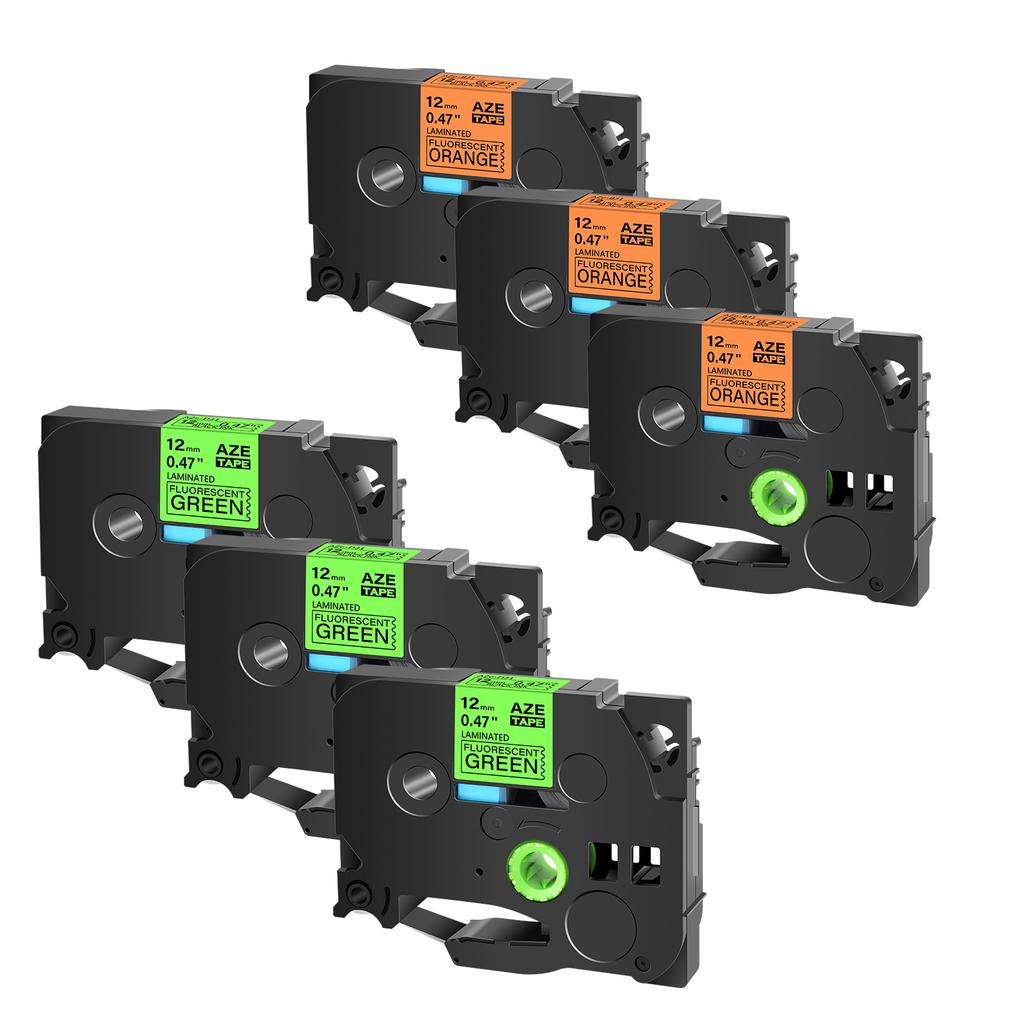 6PK Label Tapes Compatible for Brother TZe-C31 TZ B31 D31 Black On Fluorescent Green/Orange/Yellow 12mm for P-Touch Label Makers