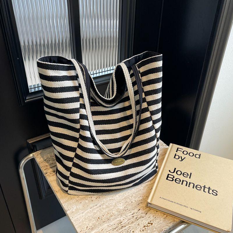 

Spring and Summer Double-Sided Stripes Canvas Bag Women s Large Capacity Idle Style Tote Bag Student Casual Commuter Shoulder Bag Black