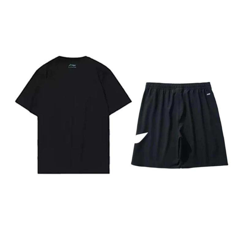 Li-Ning Letter Print Round Neck Pullover Short Sleeve T-Shirt Fashion Loose Breathable Versatile Shorts Casual Sports Suit AHST465-2+YKSV197-2