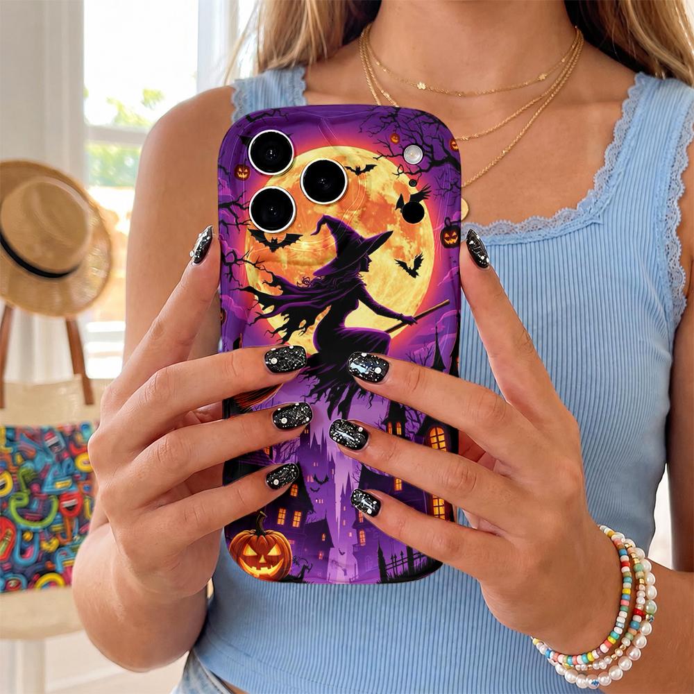 Wavy Edge Phone Case For iPhone 16 15 14 Pro Max 13 12 11 Mini XR XS SE Halloween Flying Witch Castle
