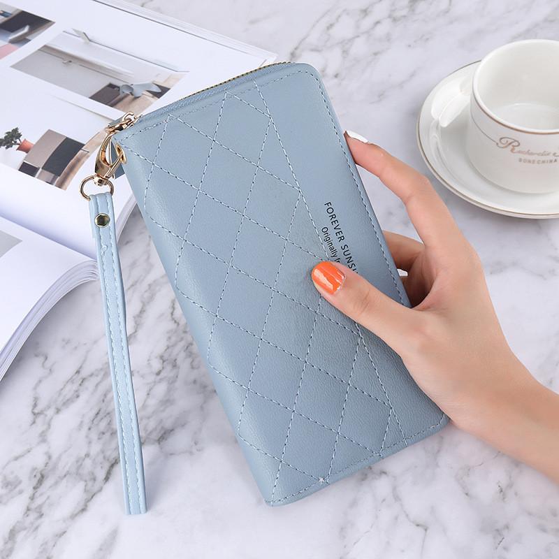 New Korean Style Lady Long Zipper Wallet Solid Color Simple Diamond Card Holder Large Capacity Hand Clutch Bag