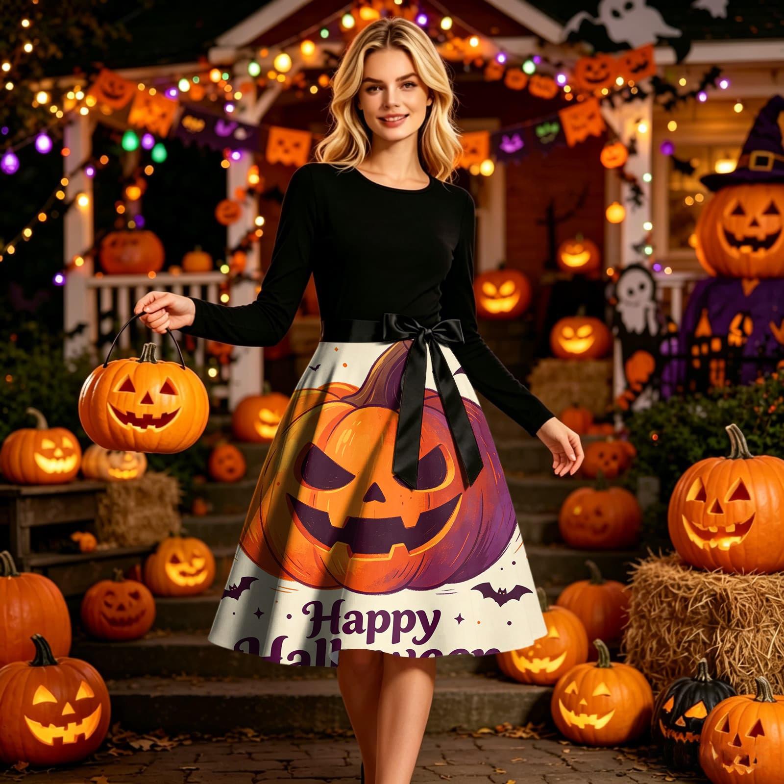 Women s Long Sleeve Round Neck Halloween Print Dress Casual for Daily Wear S