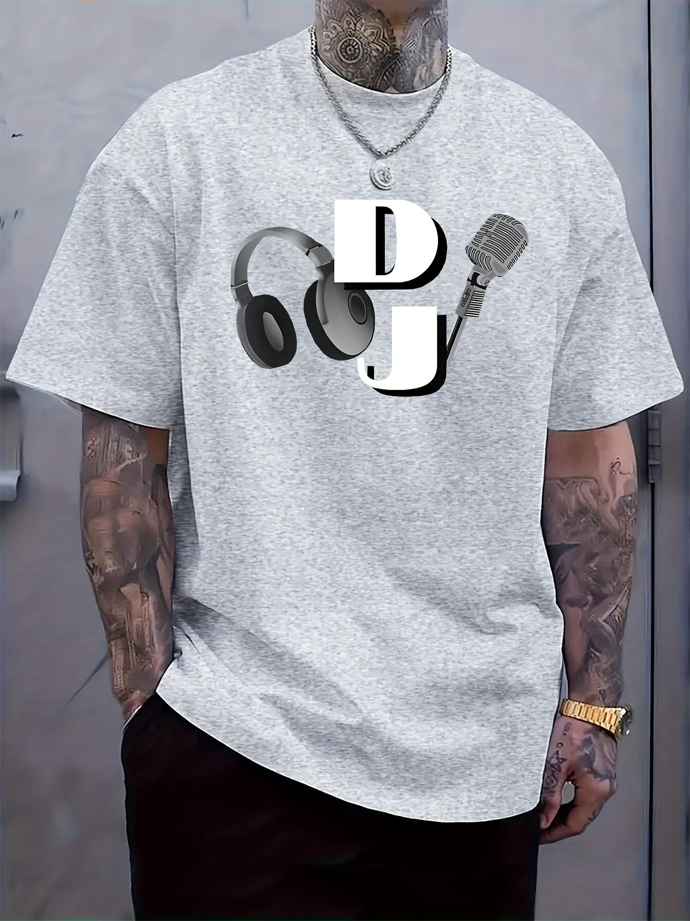 Round Neck Short Sleeve T-shirt with DJ Theme Print XXL