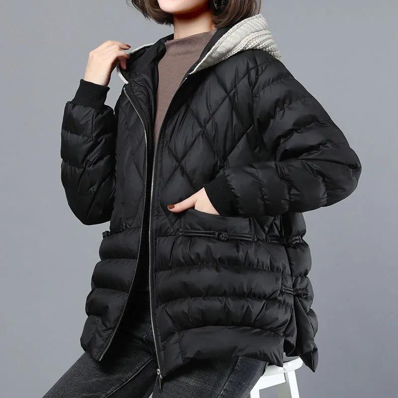 Korean Hooded Angular Grid Parkas Outwear Female Fashion Cotton Padded Coat Winter Ladies Long Sleeves Down Cotton Overcoat