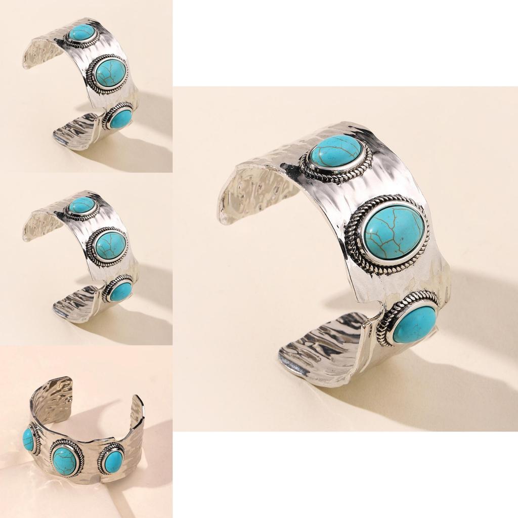 Bohemian Style Alloy Green Turquoise Open Wide Bracelet For Women