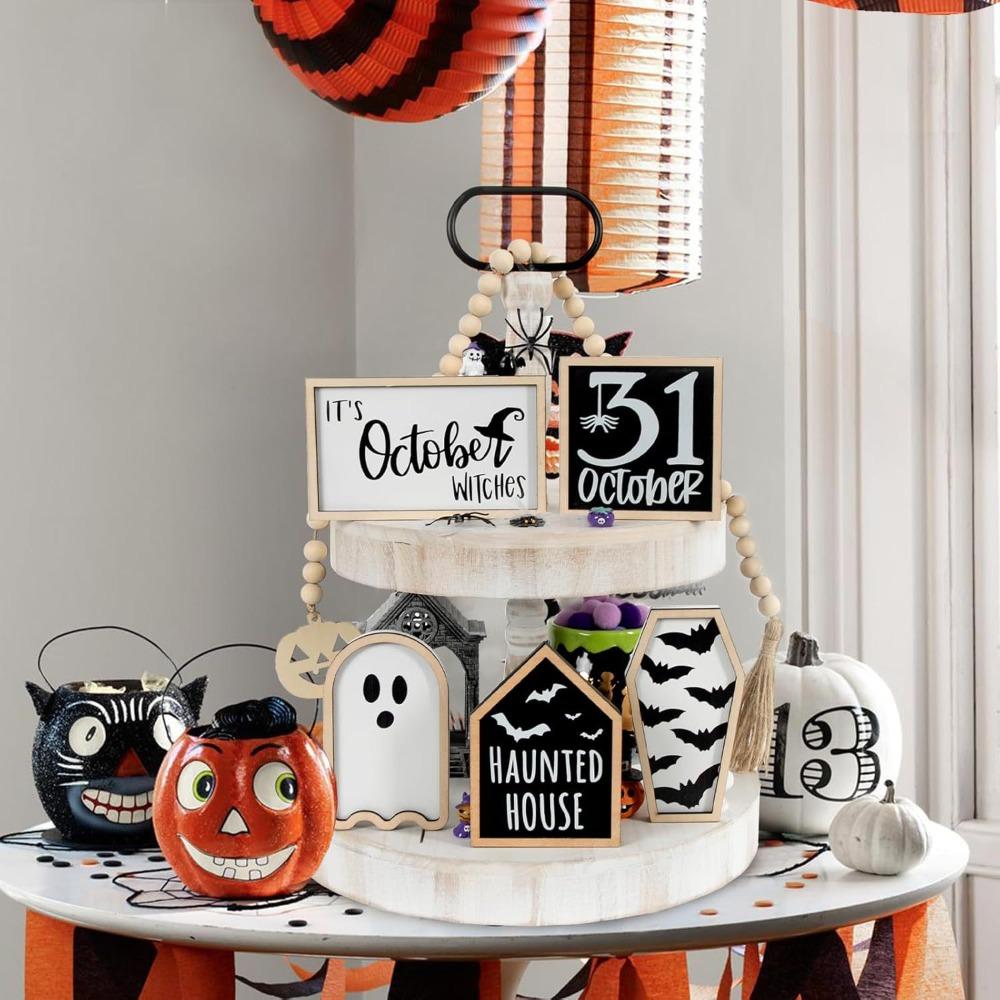 6pcs Eco-friendly Halloween Tiered Tray Decor Set Wooden Desktop Ornaments  Haunted House