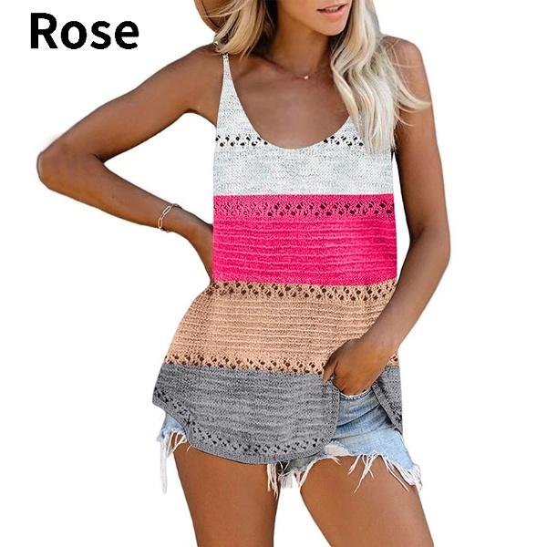 Fashion Women Summer O-Neck Knited Tank Tops Casual Loose Sleeveless Cami Color Block Blouse Shirts Beach Vest Tank Tops Plus Size