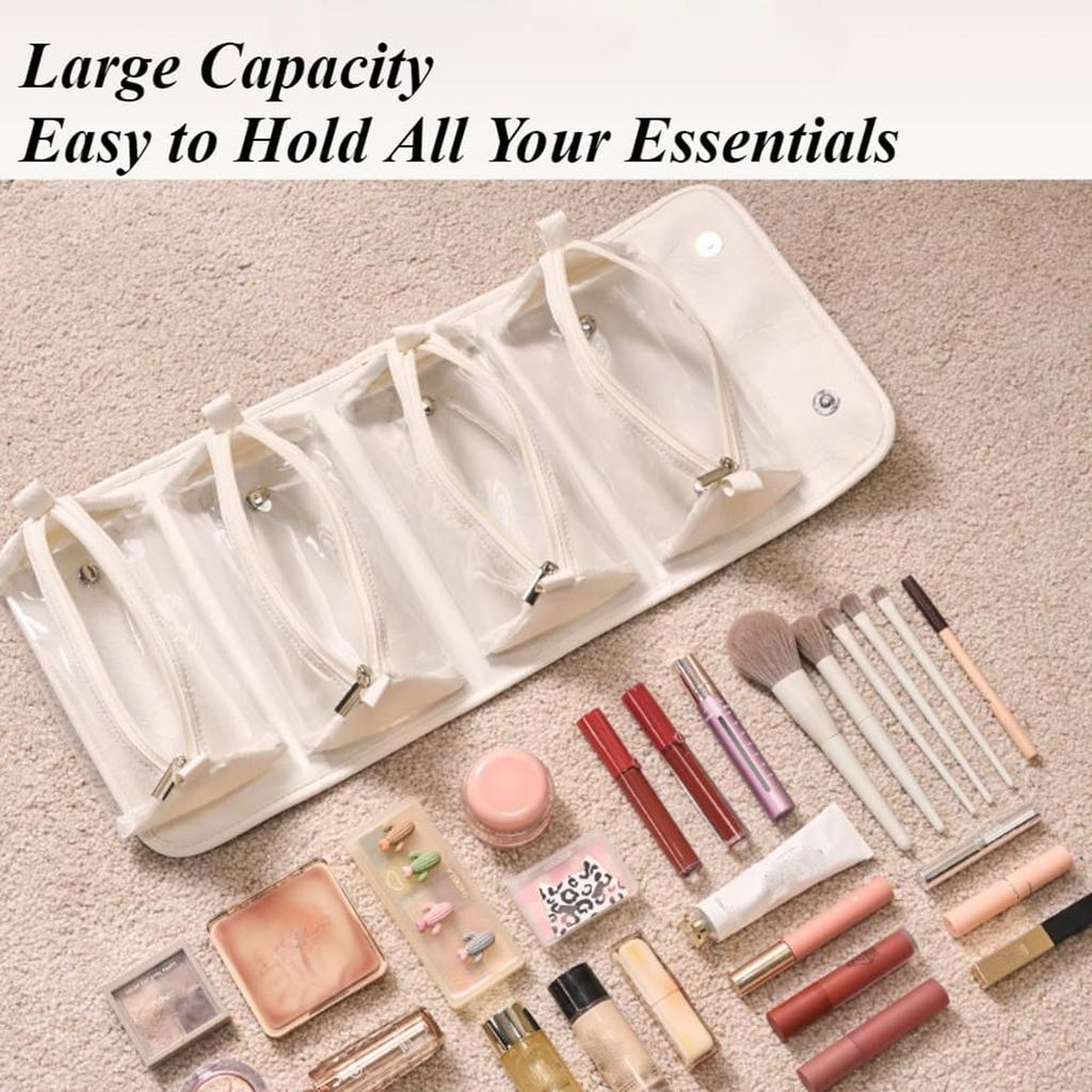 Travel Toiletry Bag 4 Detachable Clear Multi Compartment Hanging Makeup Bag Leather 4 In 1 Roll Up Large Capacity Compact Foldable Cosmetic Bag