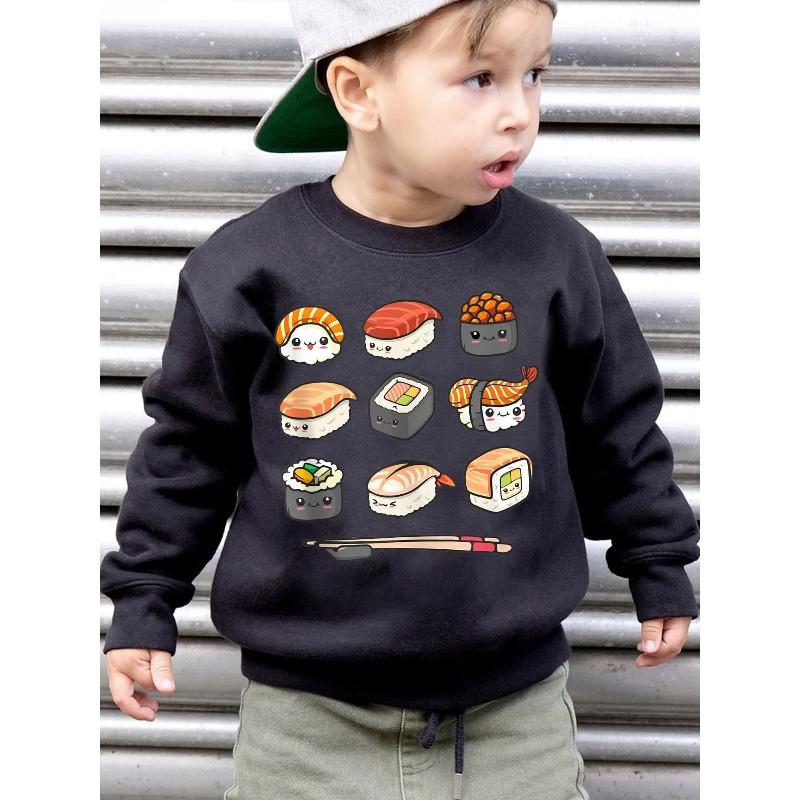 European sizes Kids' Fashion -Lined Sweatshirt with Salmon Sushi Grid Cartoon Print Loose Casual Long Sleeve Pullover