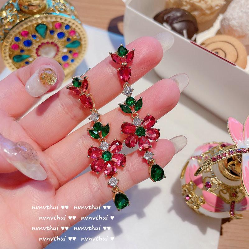 Oil Painted Peacock Emerald Flower Pendant, 18K Gold Plated Multi-Faceted Tetris Zircon Tassel Earrings